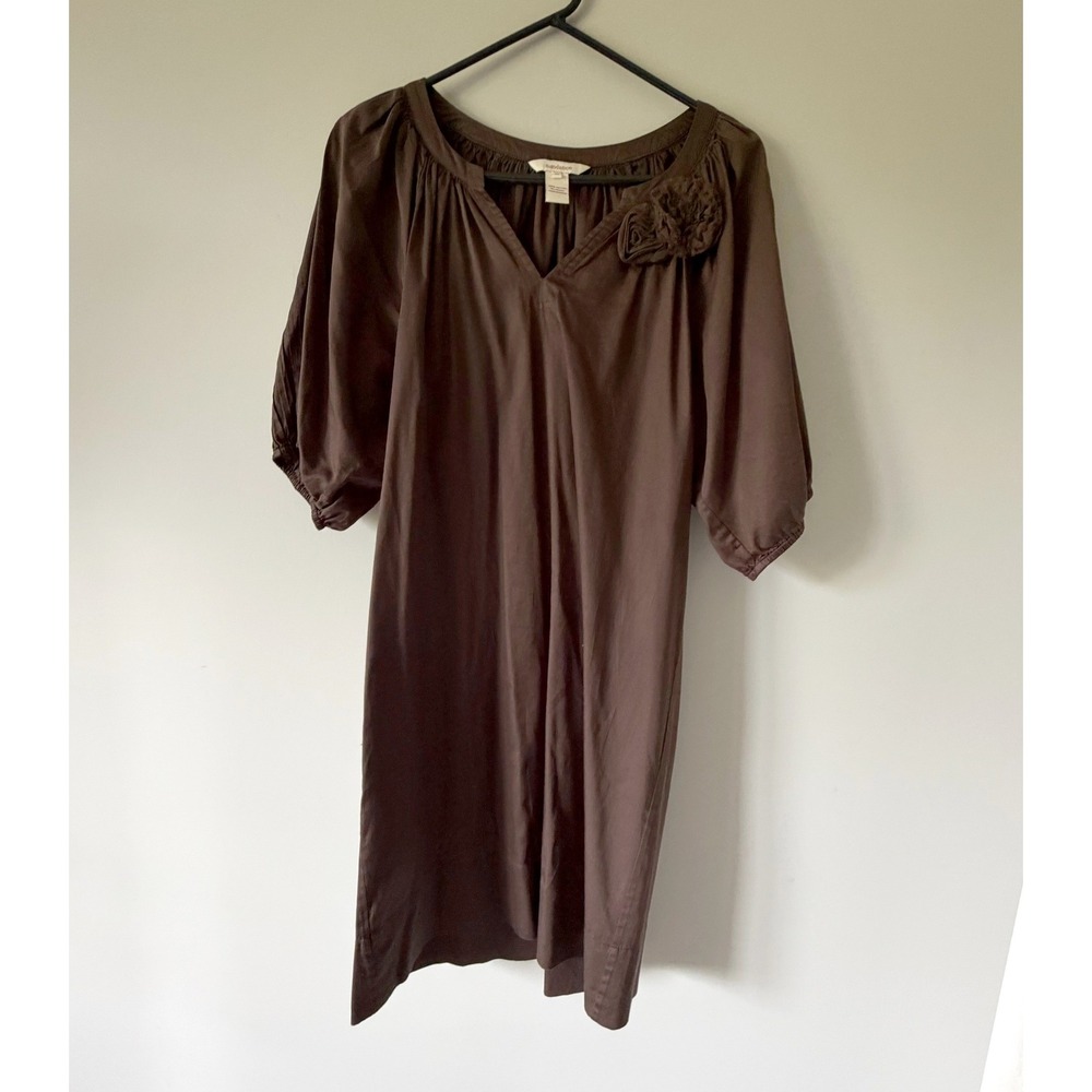 Sundance Brown Cotton V-Neck Puff Sleeve Shift Dress with Floral Pins M Boho